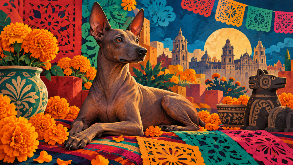 Ilustración generada con inteligencia artificial de un xoloitzcuintle en un entorno cultural imaginario.