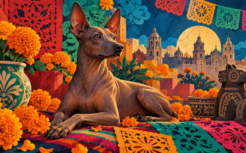Ilustración generada con inteligencia artificial de un xoloitzcuintle en un entorno cultural imaginario.