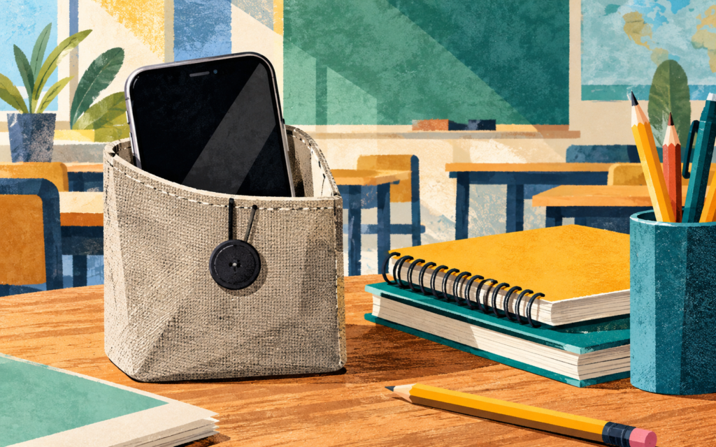 Ilustración generada con inteligencia artificial: Teléfono guardado en una funda junto a cuadernos y lápices en un aula imaginaria.