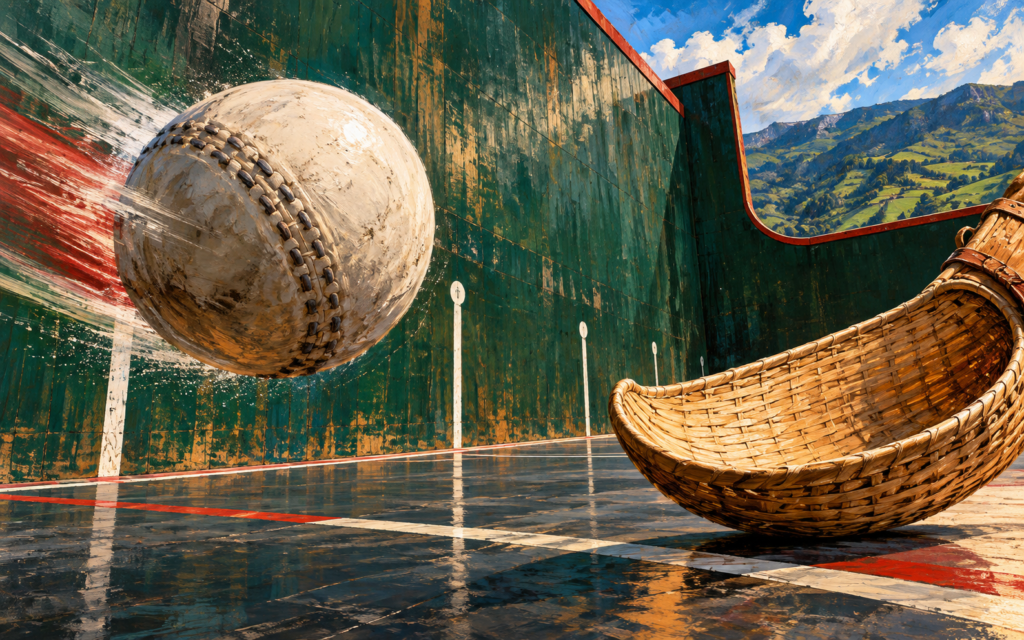 Ilustración generada con inteligencia artificial: Pelota y cesta en un frontón representado de manera imaginaria.