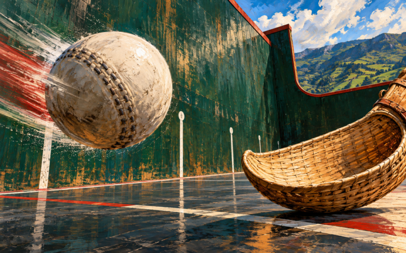 Ilustración generada con inteligencia artificial: Pelota y cesta en un frontón representado de manera imaginaria.