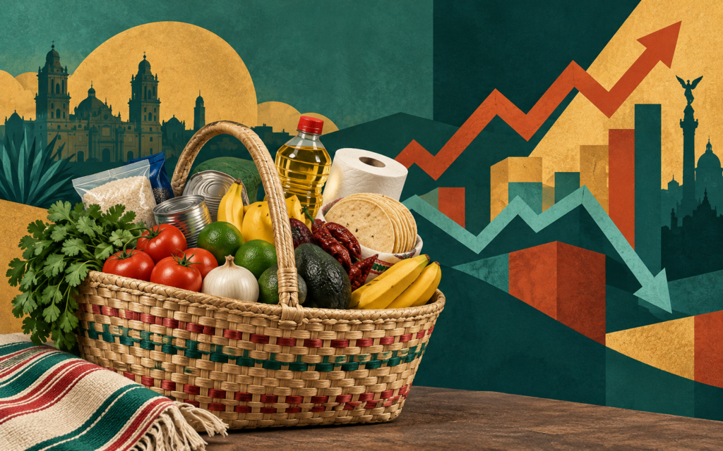 Ilustración generada con inteligencia artificial: Canasta de productos básicos frente a gráficas simbólicas de precios.
