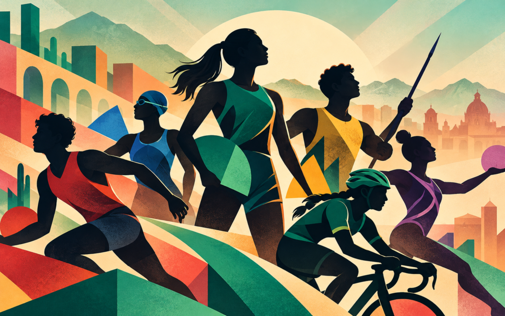 Ilustración generada con inteligencia artificial: Siluetas de jóvenes practicando distintas disciplinas deportivas.