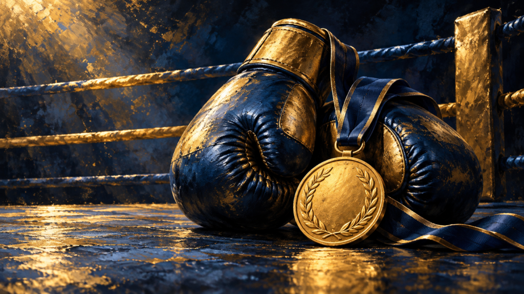 Ilustración generada con inteligencia artificial de guantes de boxeo y una medalla simbólica.