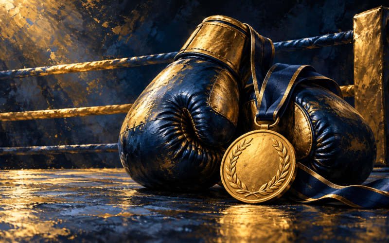 Ilustración generada con inteligencia artificial de guantes de boxeo y una medalla simbólica.