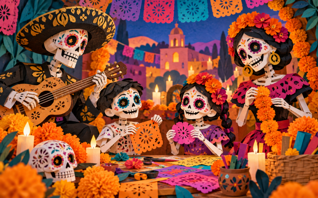 Ilustración generada con inteligencia artificial: Calacas decorativas elaboran artesanías entre flores de cempasúchil.