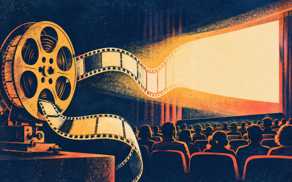 Ilustración generada con inteligencia artificial: Rollo de película y pantalla de cine con público en siluetas.
