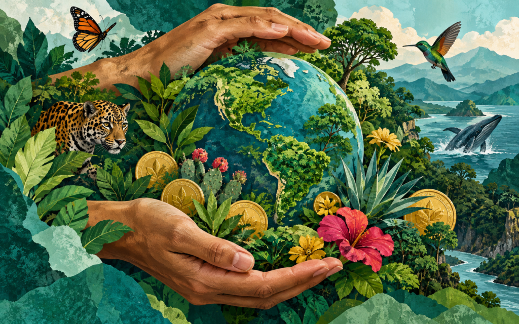 Ilustración generada con inteligencia artificial: manos rodean un planeta con plantas, animales y monedas, como símbolo de protección de la biodiversidad.