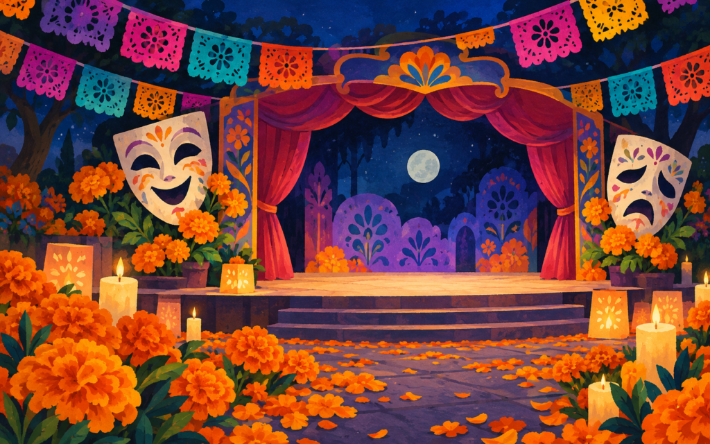 Ilustración generada con inteligencia artificial: Escenario imaginario con máscaras teatrales, cempasúchil y papel picado.