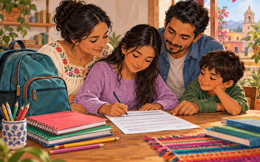 Ilustración generada con inteligencia artificial: Familia imaginaria revisa un formulario junto a útiles escolares.