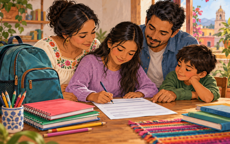 Ilustración generada con inteligencia artificial: Familia imaginaria revisa un formulario junto a útiles escolares.
