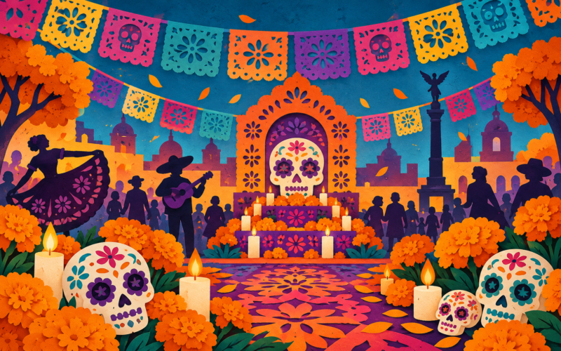 Ilustración generada con inteligencia artificial: una plaza imaginaria adornada con cempasúchil, papel picado y calaveras.