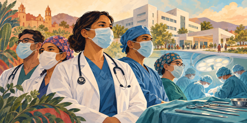 Ilustración generada con inteligencia artificial de personal médico y un hospital genérico.