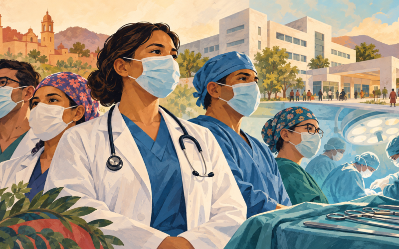 Ilustración generada con inteligencia artificial de personal médico y un hospital genérico.