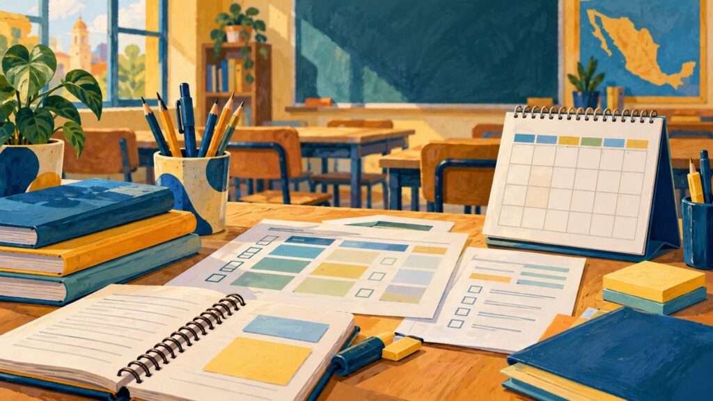 Ilustración de un aula con cuadernos y un calendario abstracto sobre una mesa.