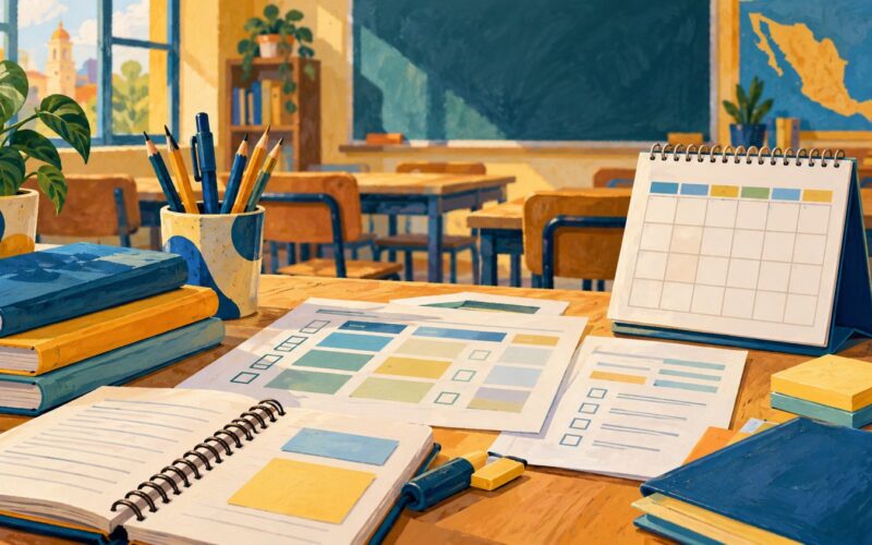 Ilustración de un aula con cuadernos y un calendario abstracto sobre una mesa.